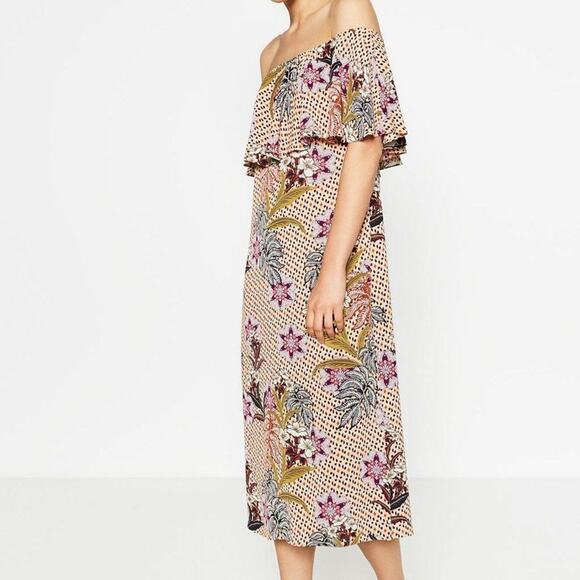 ZARA Floral Off The Shoulder Midi Dress Size XS Beach Vacation Casual Date Night - Picture 1 of 7